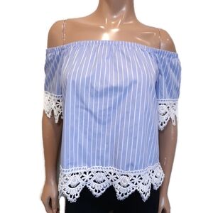 3/$20 U2B Urban Basics Off Shoulder Striped Top Crochet Lace Trim Blue White